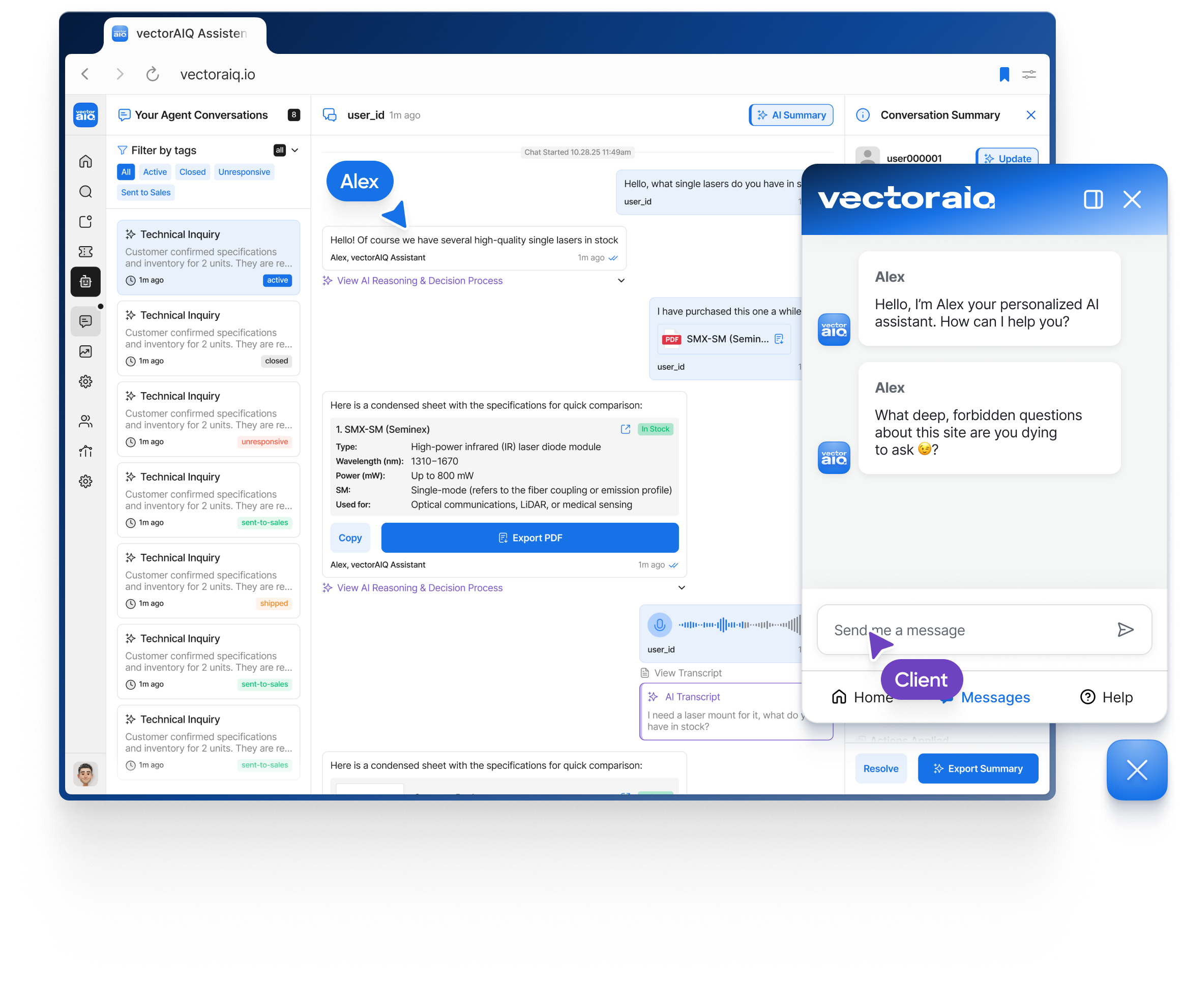 VectorAIQ AI sales assistant dashboard and chat widget interface